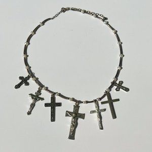 Vintage stainless steel silver handmade cross charm and pearl necklace